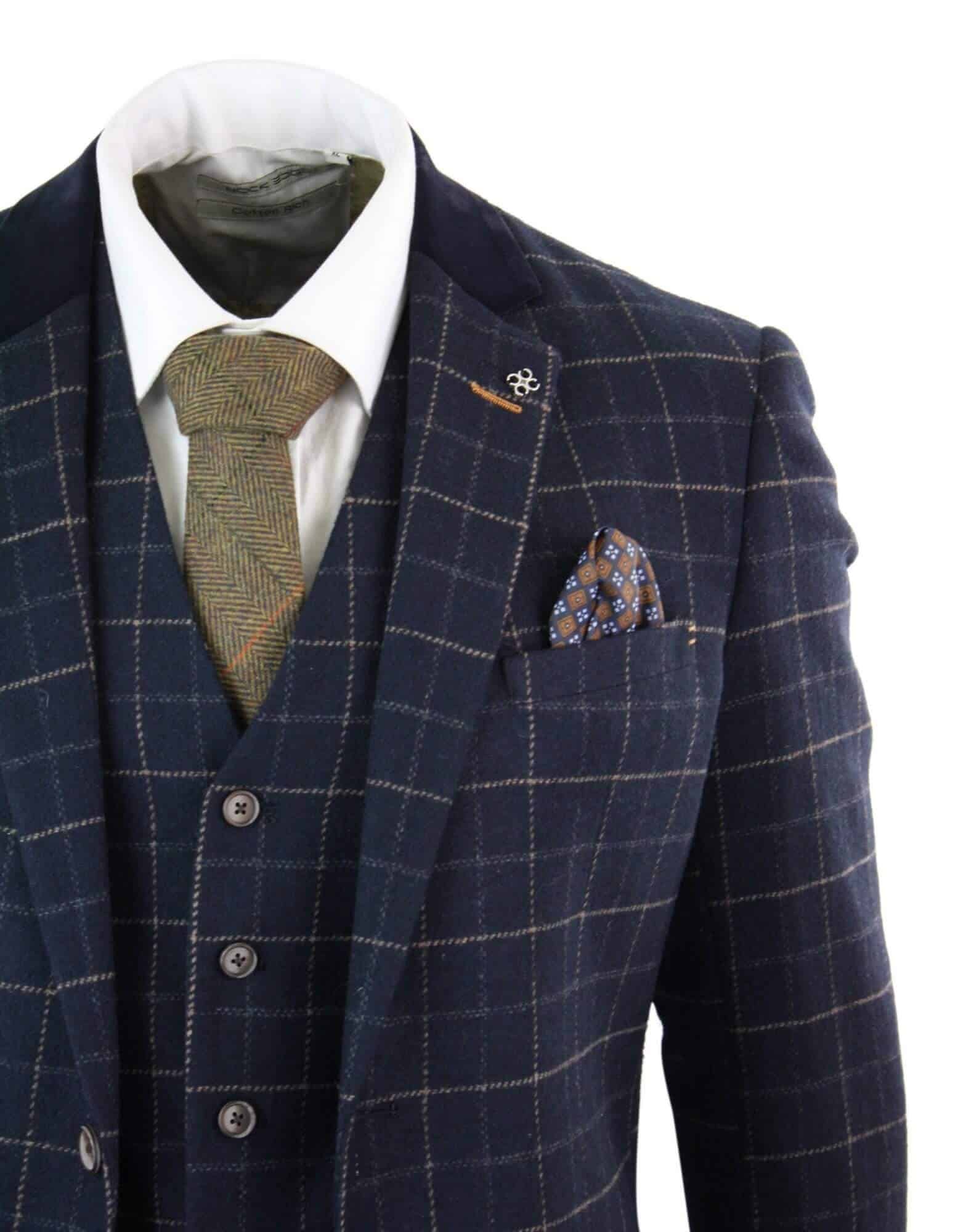 Cavani Shelby - Mens Navy Blue 3 Piece Herringbone Check Suit Vintage Retro Peaky Blinders Tweed