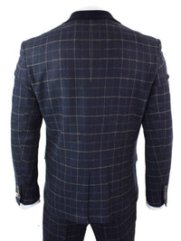 Cavani Shelby - Mens Navy Blue 3 Piece Herringbone Check Suit Vintage Retro Peaky Blinders Tweed