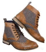 Cavani Sherlock - Mens Leather & Tweed Herringbone Ankle Boots