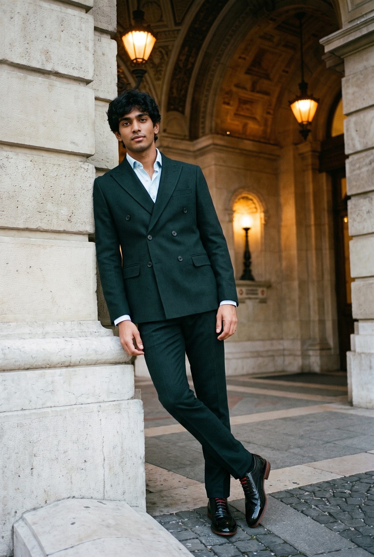 Look #588 styled with Regent - Costum bărbătesc verde din 2 piese, cu două rânduri de nasturi