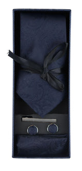 Paisley Neck Navy Tie Gift Set Pocket Square Cuff Links Tie Floral Satin
