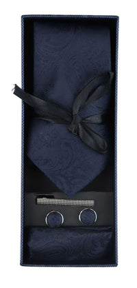 Paisley Neck Navy Tie Gift Set Pocket Square Cuff Links Tie Floral Satin