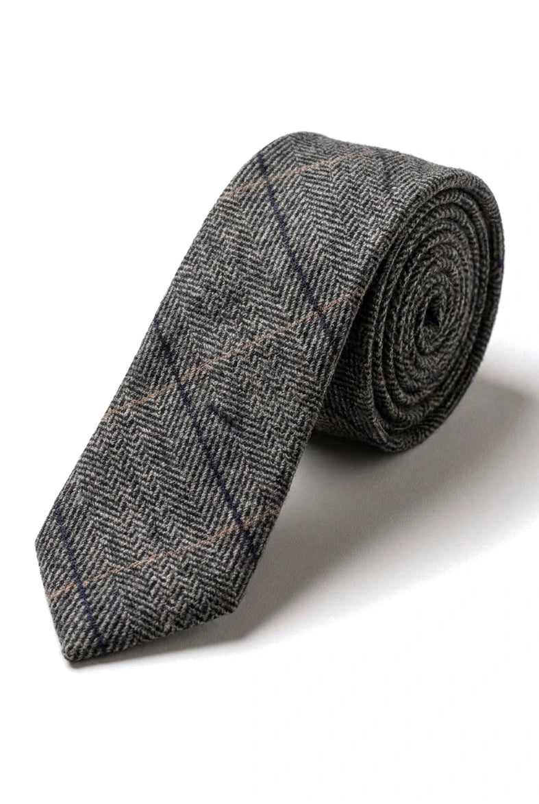 Cravată tweed gri cărbune în carouri cu batistă și clemă de cravată - Gri cărbune