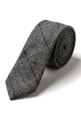 Cravată tweed gri cărbune în carouri cu batistă și clemă de cravată - Gri cărbune