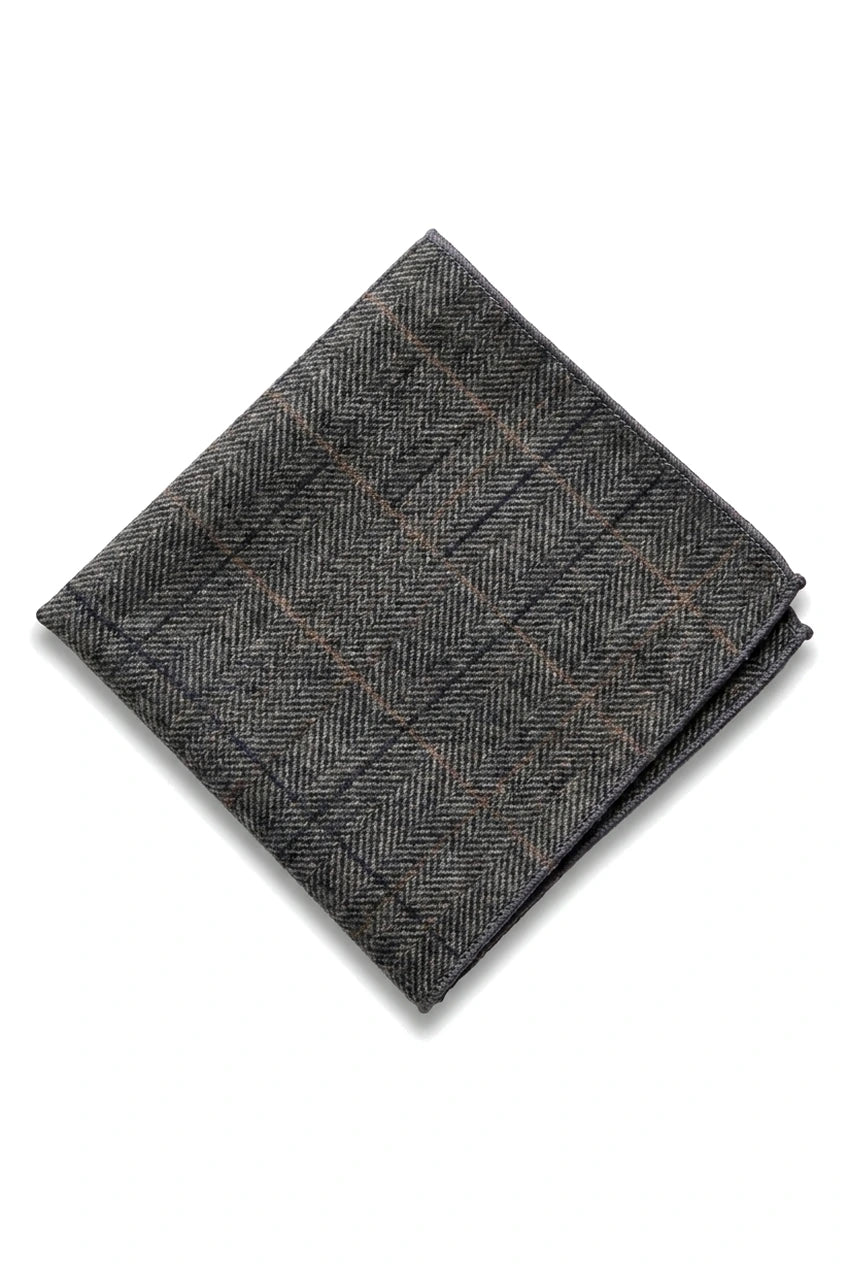 Cravată tweed gri cărbune în carouri cu batistă și clemă de cravată - Gri cărbune