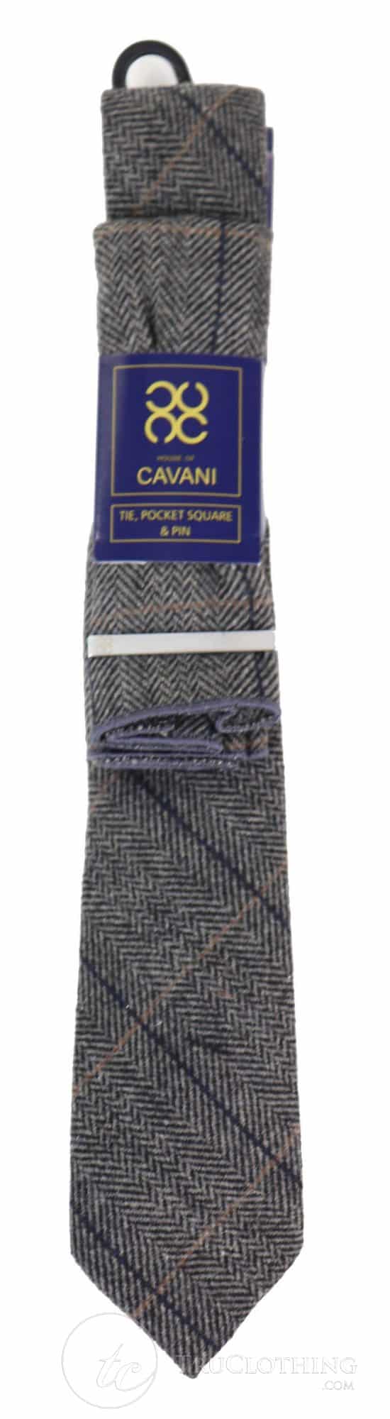 Charcoal Grey Check Tweed Tie with Hankie and Tie Clip - Charcoal Grey