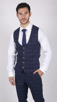Mens Marc Darcy Blue Check Prince Of Wales Waistcoat Smart Casual Slim Fit Chigwell