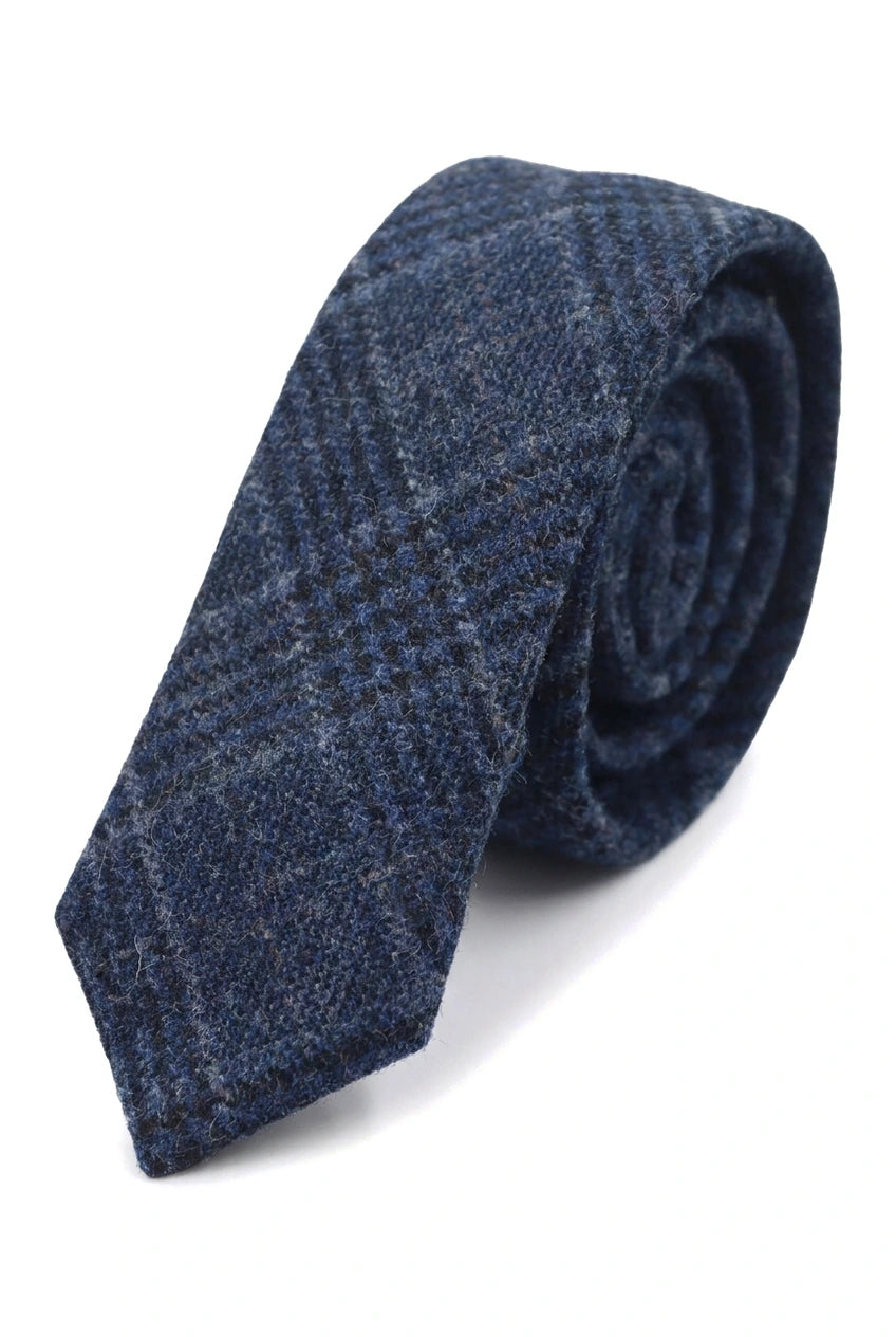Batistă de buzunar bărbătească cu cravată tip heringbread din tweed, în carouri, albastru clasic