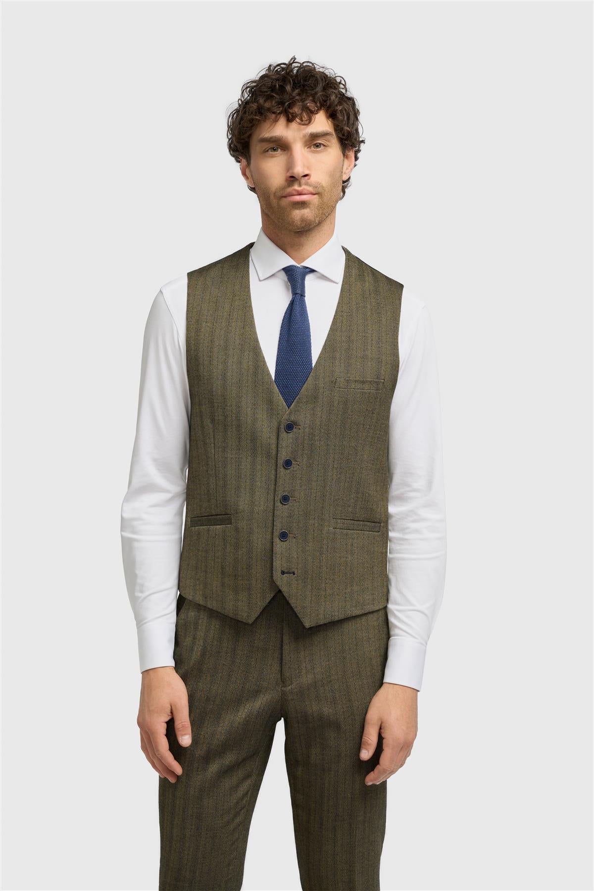 Damon - Vestă bărbătească din tweed verde măsliniu cu model herringbone