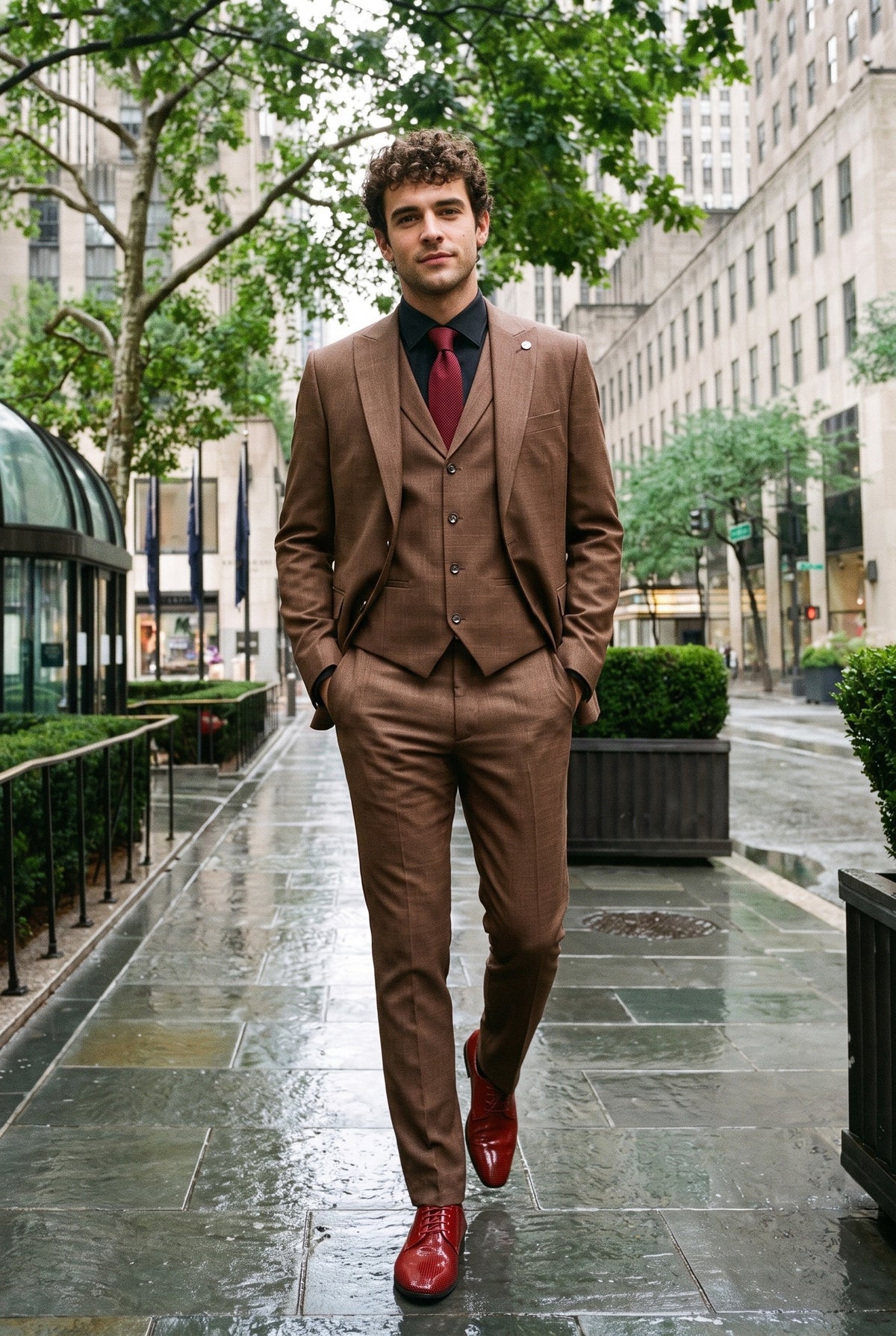 Look #284 styled with Costum bărbătesc James, format din 3 piese, simplu, maro, cu croială clasică