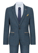 Boys Blue 3 Piece Herringbone Tweed Check Vintage Tailored Fit Suit