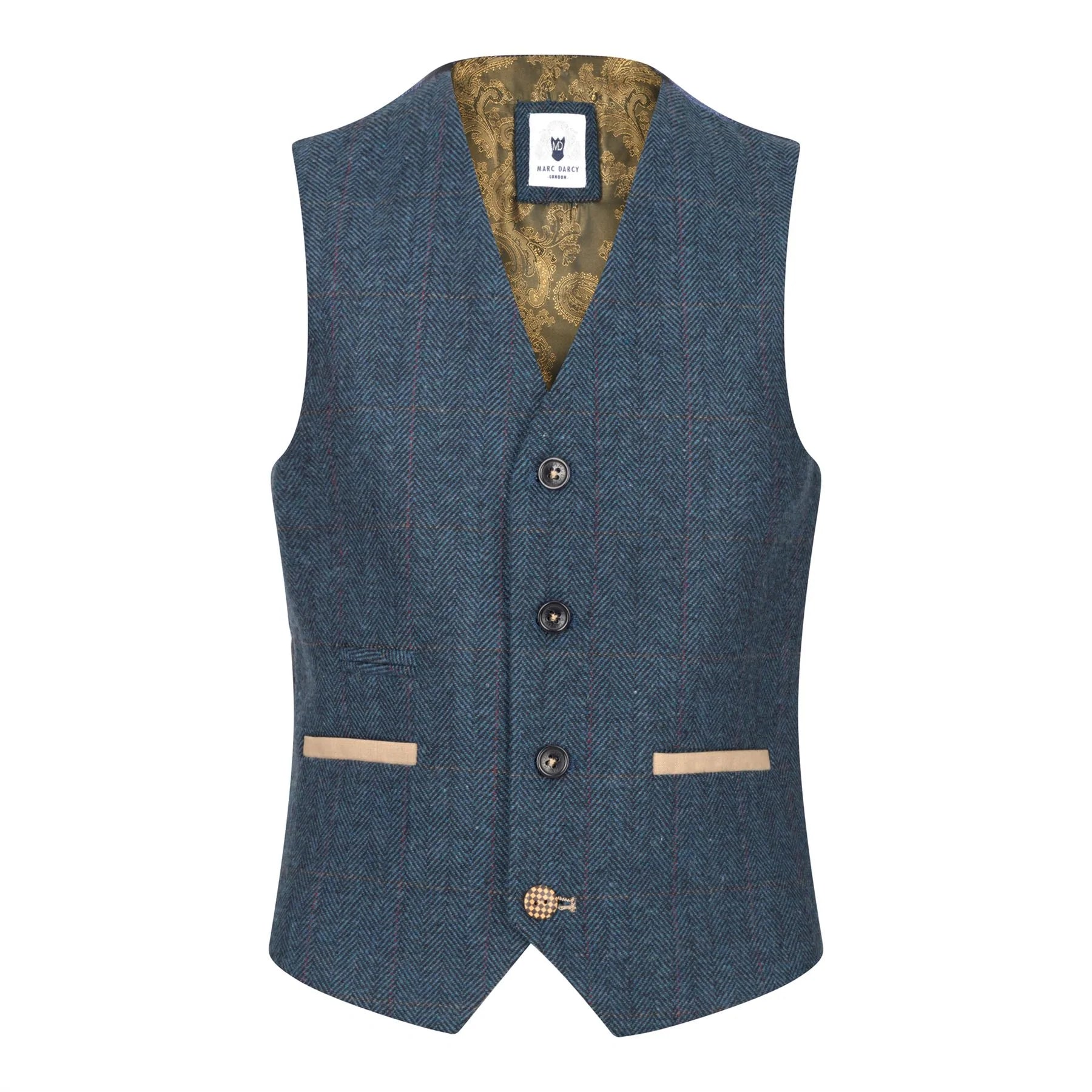 Boys Blue 3 Piece Herringbone Tweed Check Vintage Tailored Fit Suit