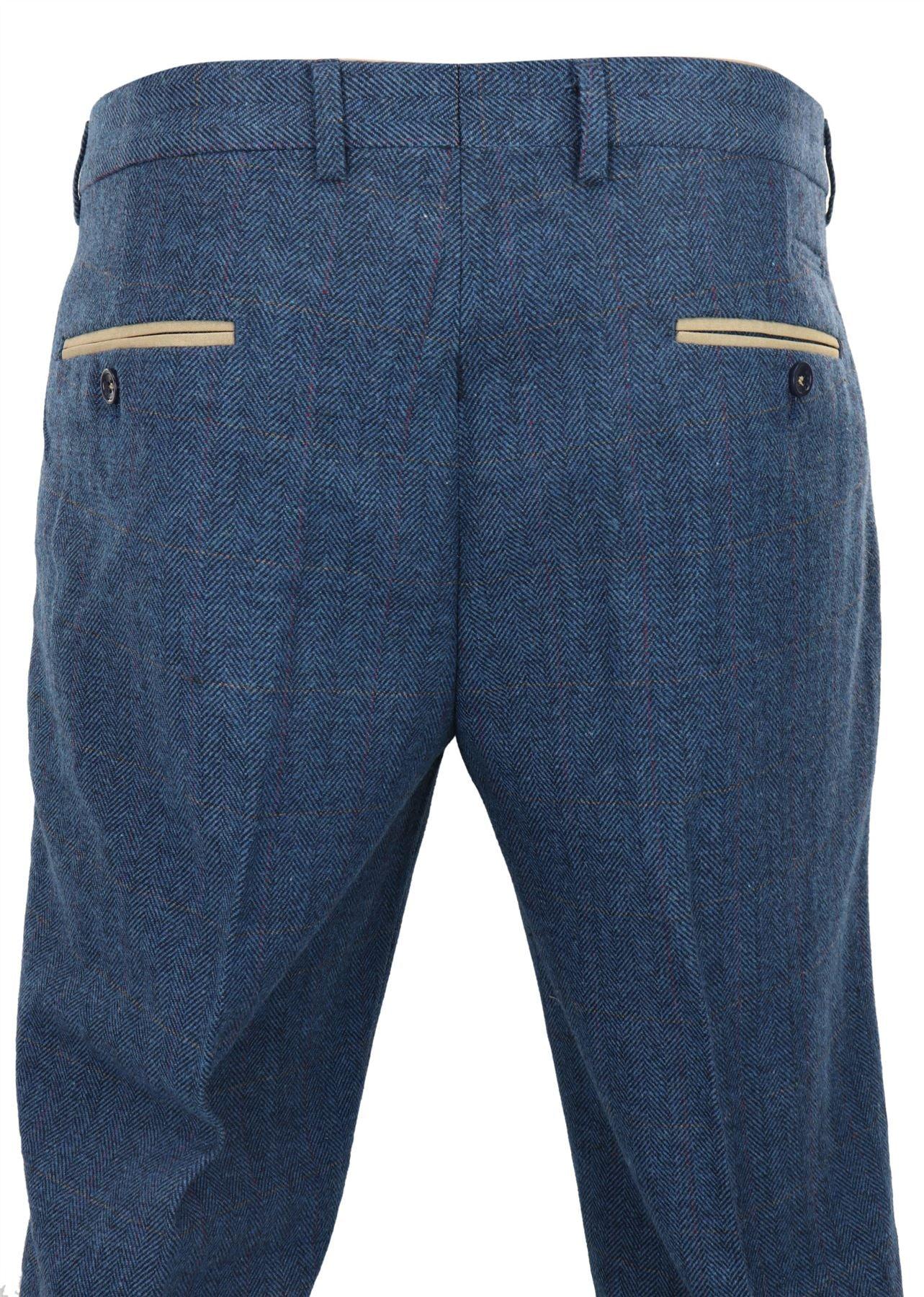 Dion - Men's Blue Herringbone Tweed Check Trousers