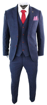 Men's 3 Piece Navy-Blue Slim Fit Suit with Wine Trim