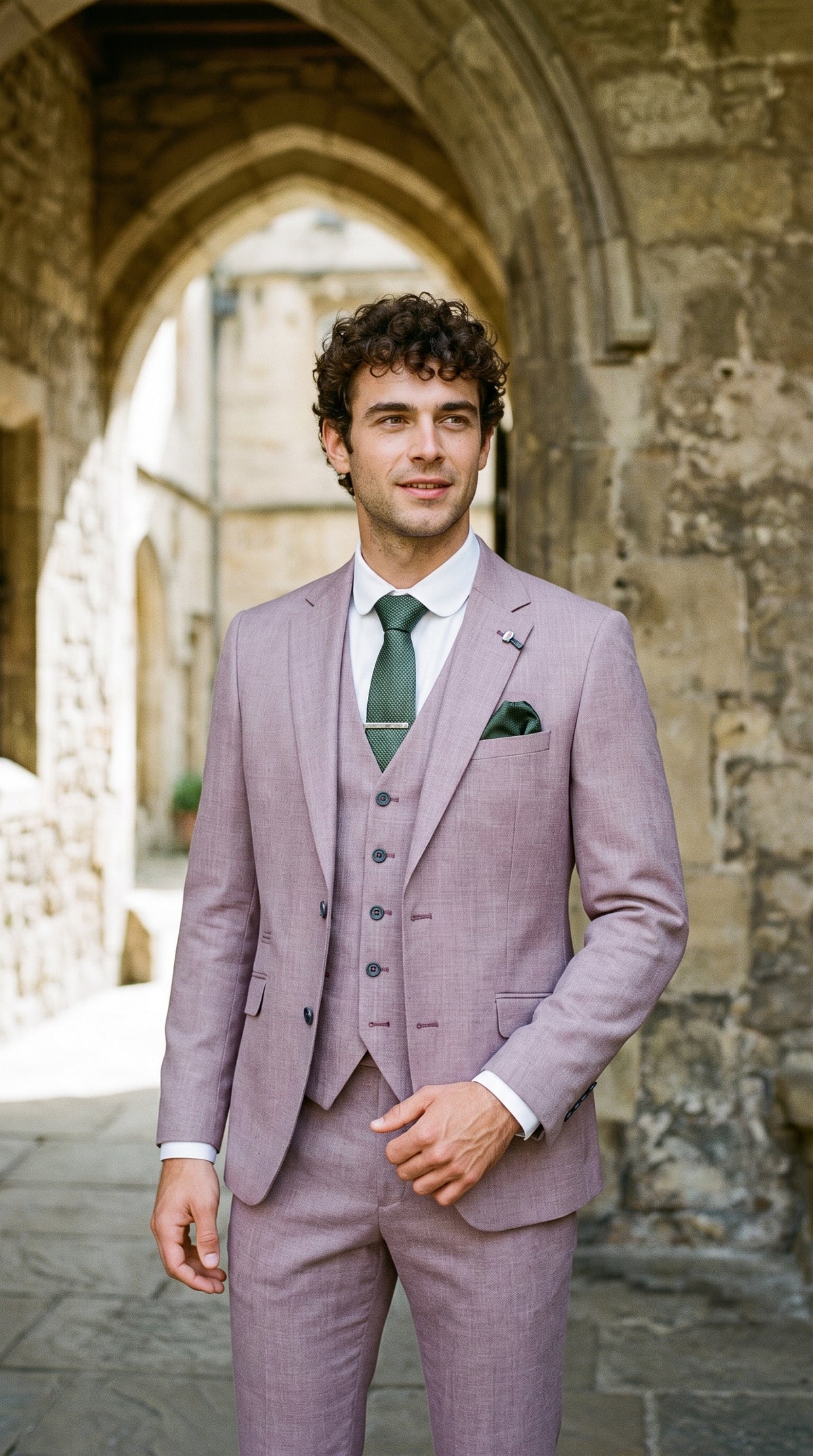 Look #317 styled with Costum bărbătesc de vară roz pal, din in
