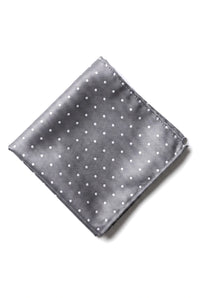 Set cadou cravată argintie cu buline, batistă de buzunar, butoni de manșetă, ac de cravată, satin cu buline
