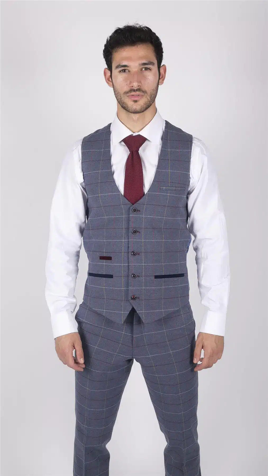 Mens Marc Darcy Blue Grey Red Check Waistcoat Smart Casual Tweed Slim Fit Drake