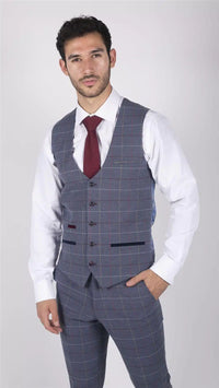 Mens Marc Darcy Blue Grey Red Check Waistcoat Smart Casual Tweed Slim Fit Drake