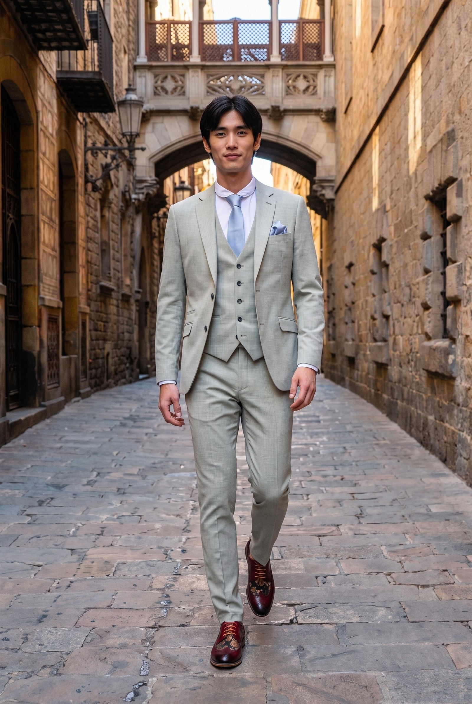 Look #238 styled with Camden - Costum bărbătesc verde salvie, 3 piese, croială croită