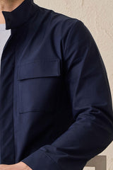 Set bărbătesc elegant casual, jachetă safari bleumarin din amestec de bumbac și pantaloni albi