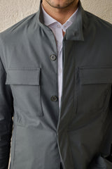 Set bărbătesc elegant casual, jachetă safari verde salvie din amestec de bumbac și pantaloni bej