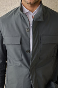Set bărbătesc elegant casual, jachetă safari verde salvie din amestec de bumbac și pantaloni bej
