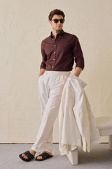 Costum bărbătesc alb, elegant, casual, din două piese, stil safari, cu guler înalt, elastic