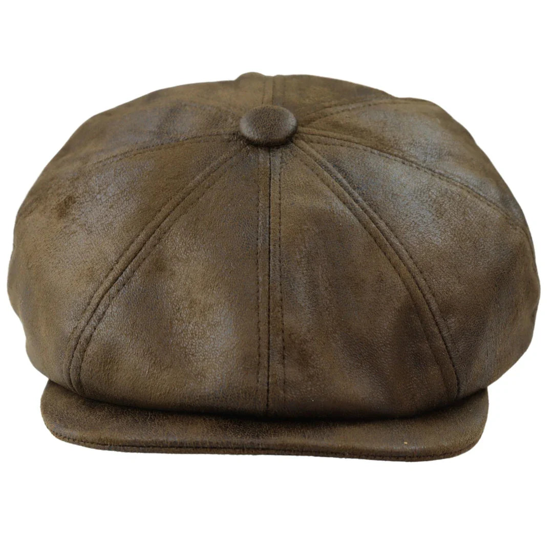 Men's 8 Panel Razor Baker Boy Hat PU Leather Blinders Newsboy Flat Cap Brown