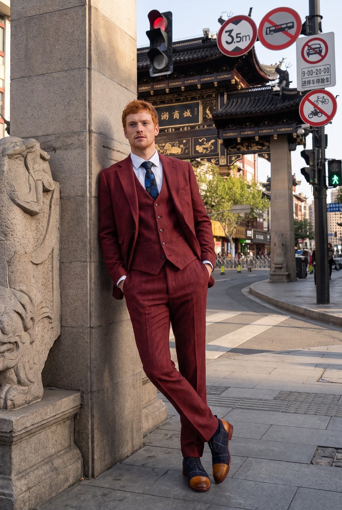 Look #271 styled with Costum bărbătesc din tweed, culoare vin-maro, cu 3 piese, în spic de hering - STZ11