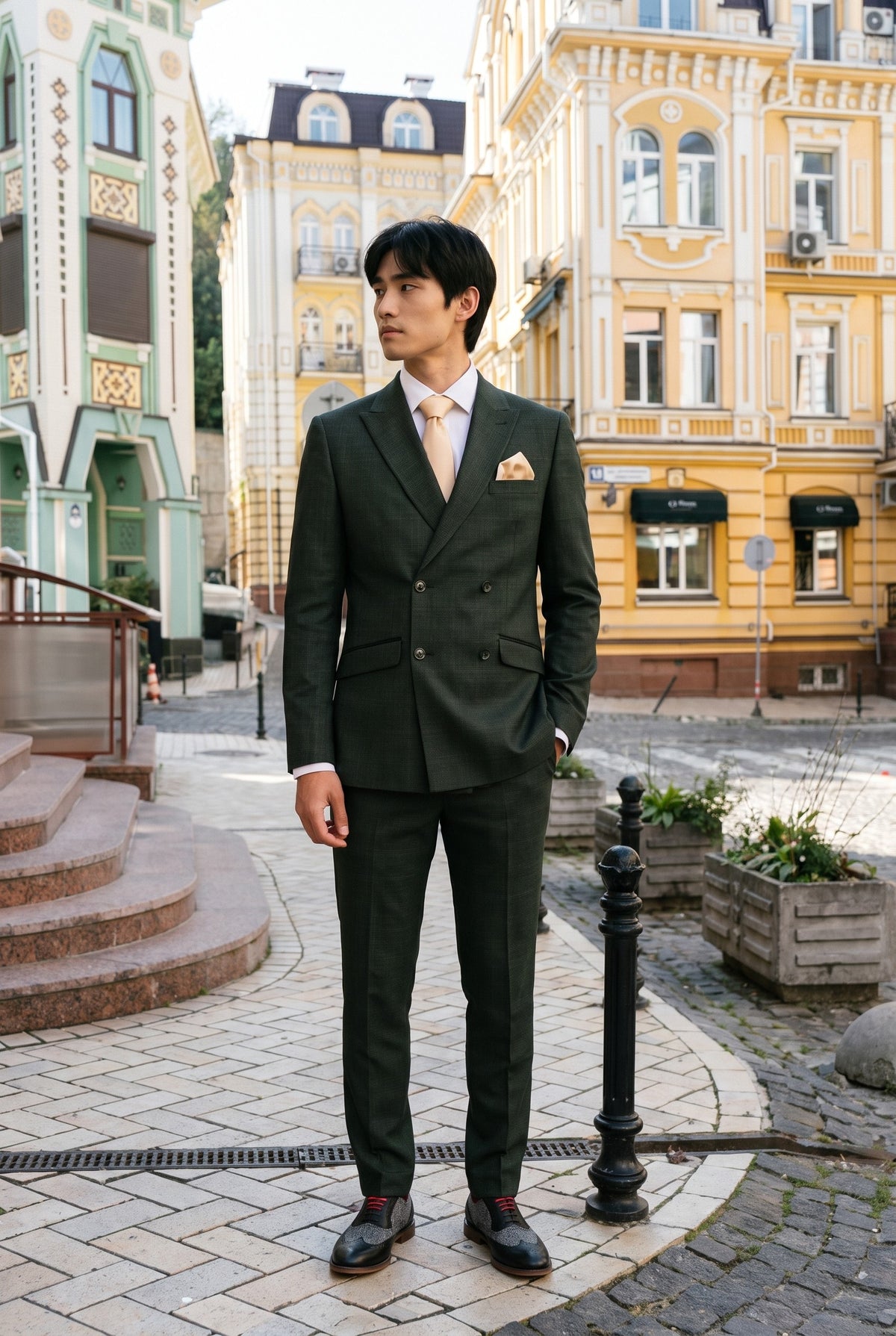 Look #780 styled with Costum bărbătesc din 2 piese, verde măsliniu, cu două rânduri de nasturi, Caridi