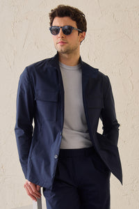 Costum bărbătesc elegant casual bleumarin, stil safari, cu guler înalt, elastic