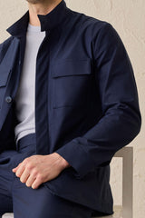 Costum bărbătesc elegant casual bleumarin, stil safari, cu guler înalt, elastic