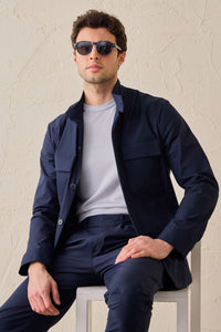 Costum bărbătesc elegant casual bleumarin, stil safari, cu guler înalt, elastic