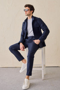 Costum bărbătesc elegant casual bleumarin, stil safari, cu guler înalt, elastic