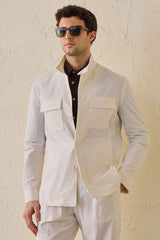 Costum bărbătesc alb, elegant, casual, din două piese, stil safari, cu guler înalt, elastic