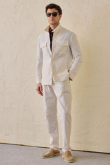 Costum bărbătesc alb, elegant, casual, din două piese, stil safari, cu guler înalt, elastic