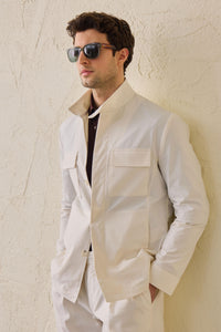 Costum bărbătesc alb, elegant, casual, din două piese, stil safari, cu guler înalt, elastic