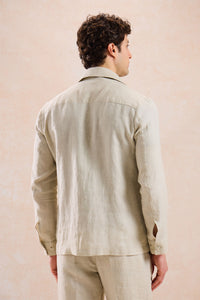 Costum bărbătesc bej din in, elegant, casual, din două piese, stil safari, de vară