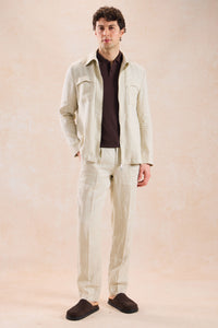 Costum bărbătesc bej din in, elegant, casual, din două piese, stil safari, de vară