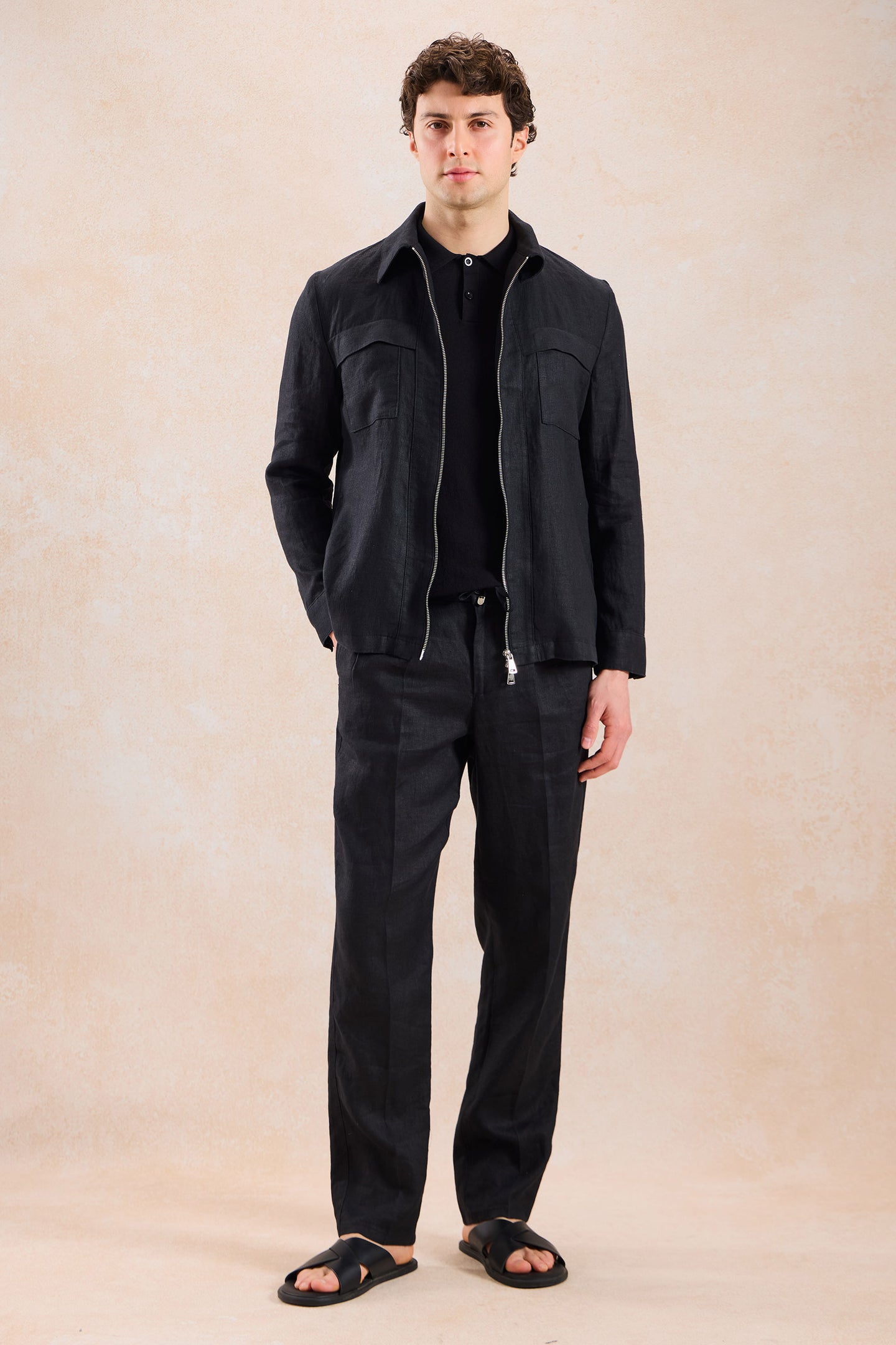 Costum bărbătesc negru din in, elegant, casual, din două piese, stil safari, de vară