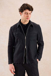 Costum bărbătesc negru din in, elegant, casual, din două piese, stil safari, de vară