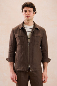Costum bărbătesc din două piese, maro, din in, elegant, casual, stil safari, vară