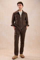 Costum bărbătesc din două piese, maro, din in, elegant, casual, stil safari, vară