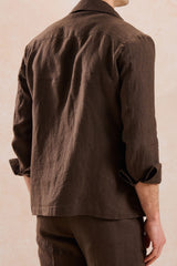 Costum bărbătesc din două piese, maro, din in, elegant, casual, stil safari, vară