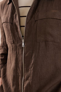 Costum bărbătesc din două piese, maro, din in, elegant, casual, stil safari, vară