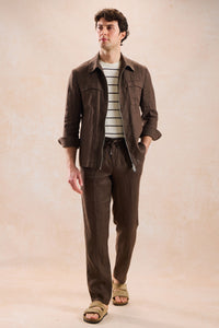 Costum bărbătesc din două piese, maro, din in, elegant, casual, stil safari, vară