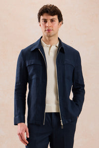 Costum bărbătesc bleumarin, din in, elegant, casual, din două piese, stil safari, de vară