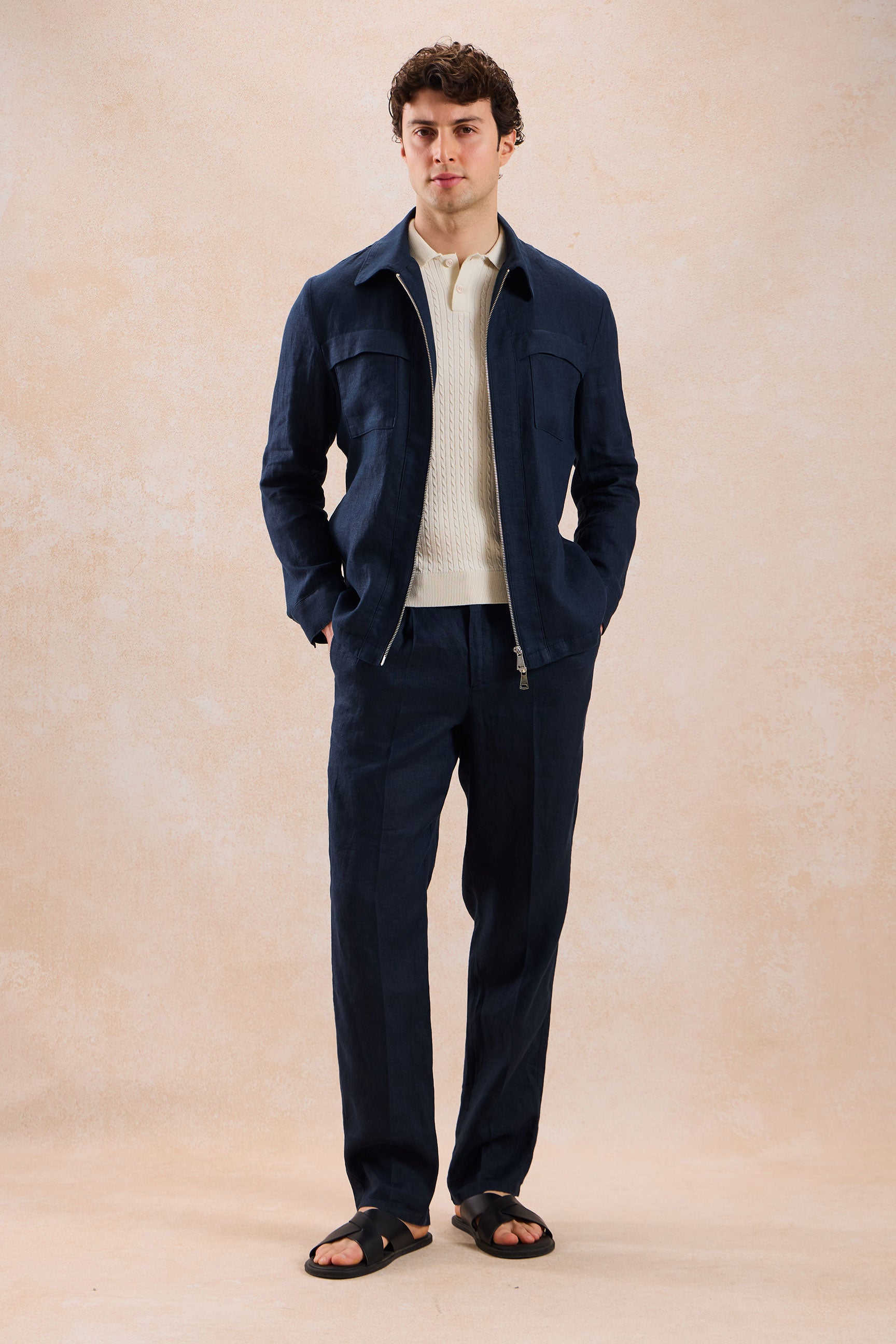 Costum bărbătesc bleumarin, din in, elegant, casual, din două piese, stil safari, de vară