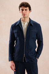 Costum bărbătesc bleumarin, din in, elegant, casual, din două piese, stil safari, de vară