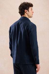 Costum bărbătesc bleumarin, din in, elegant, casual, din două piese, stil safari, de vară